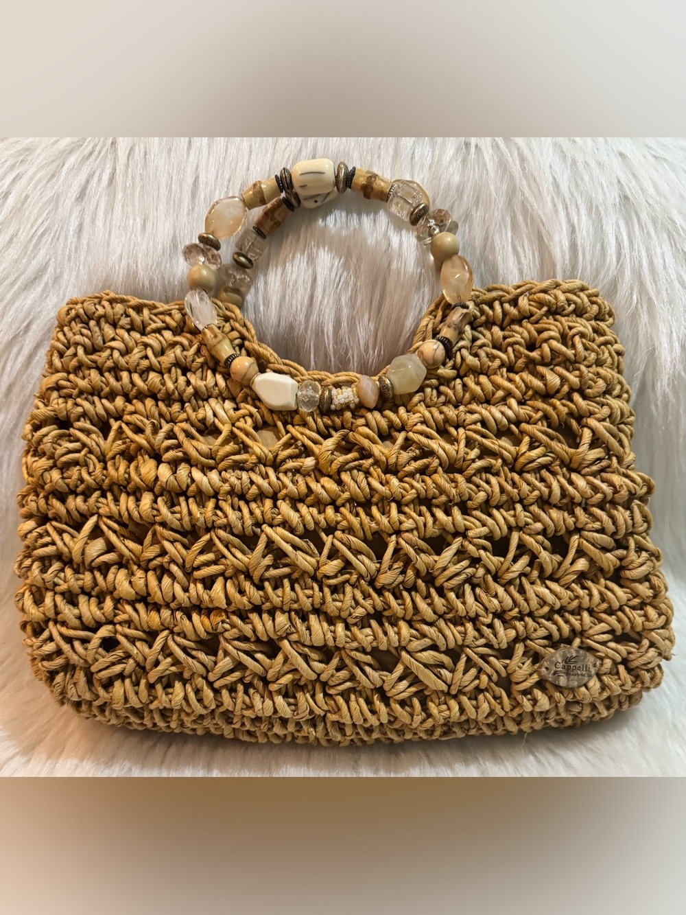 Cappelli Straworld Medium Raffia Satchel Tote Multi Beaded Handles Golden EUC